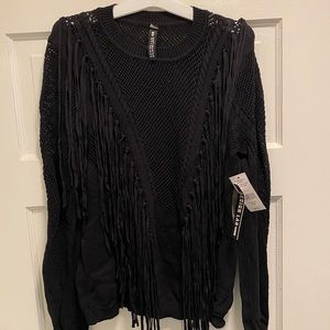 Black mesh and fringe sweater. NEVER WORN. NEW.